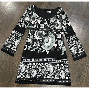 Oleg Cassini Womens Dress Sz 14 Floral Long Bell Sleeve High Waist Black White